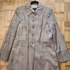 bebe Metallic Taupe Paisley-Print Button Trench Coat